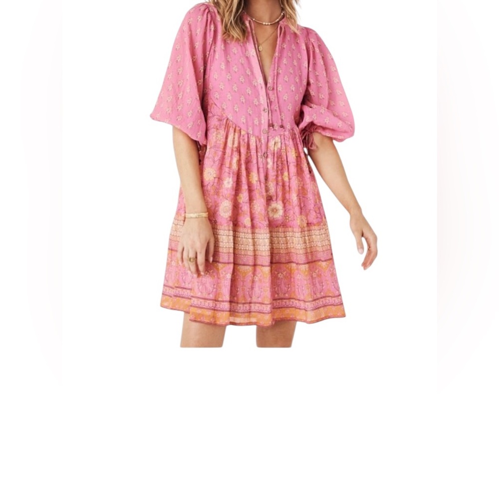 Spell Utopia Cotton Floral Blockprint Puff Sleeve Tie Split Neck Button-Up Mini
